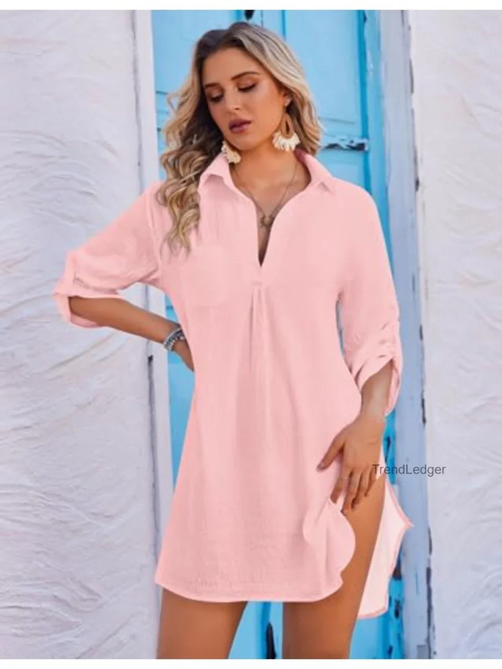 Swimsuit Coverup Deep V-Neck Side Split Loose Fit Lightweight Beach Cover Up